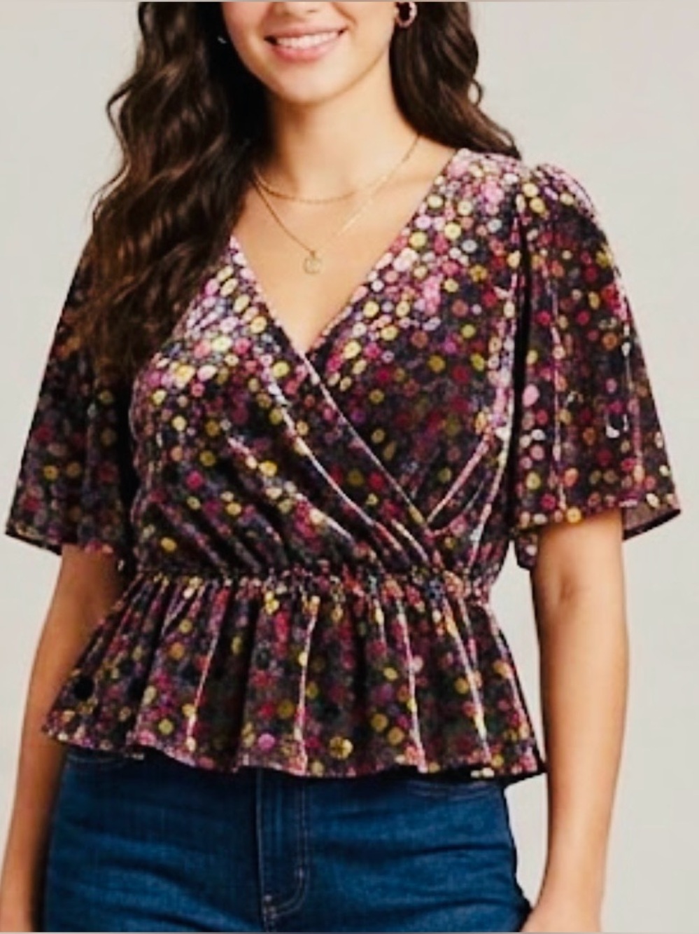 Modcloth Mystifying Musings Velvet Polka Dot V-Neck Blouse 1X Colorful